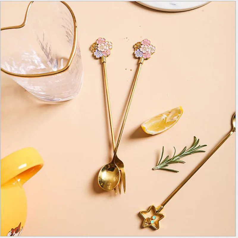 2PCS Cherry Blossom Spoon Fork Japanese creative cute stainless steel coffee spoon Home kitchen star long handle stirring | Дом и сад