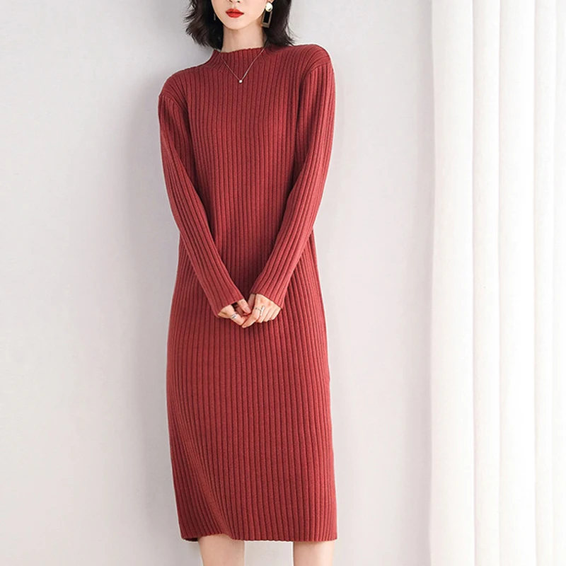 

FAKUNTN New High Quality Sweater Dress for Women Knee-length Solid Color O-Neck Pullover Thick Autumn and Winter Brief Red Pink
