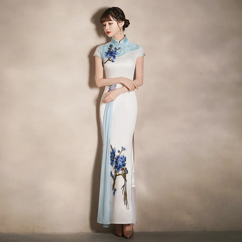 

Платье-Ципао с цветочной вышивкой, элегантный классический китайский традиционный халат с воротником-стойкой, пикантное платье большого р...