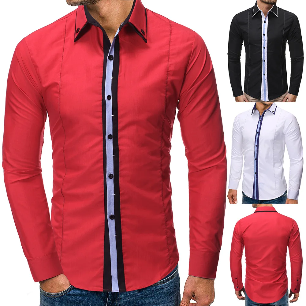Mens brand new creative personality casual fashion business long sleeve stitching shirt mens dress shirts black | Мужская одежда