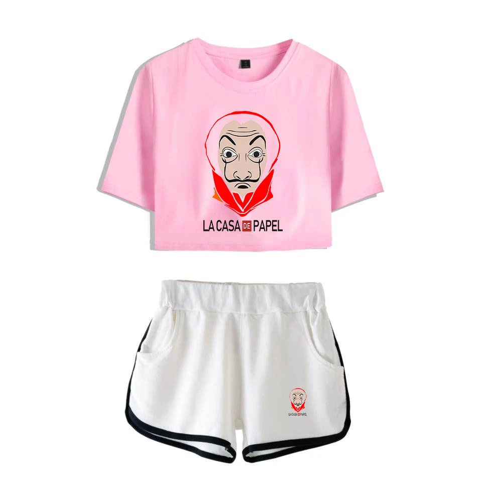 Женский комплект из 2 предметов с принтом бумажный дом и шортами | Женская одежда