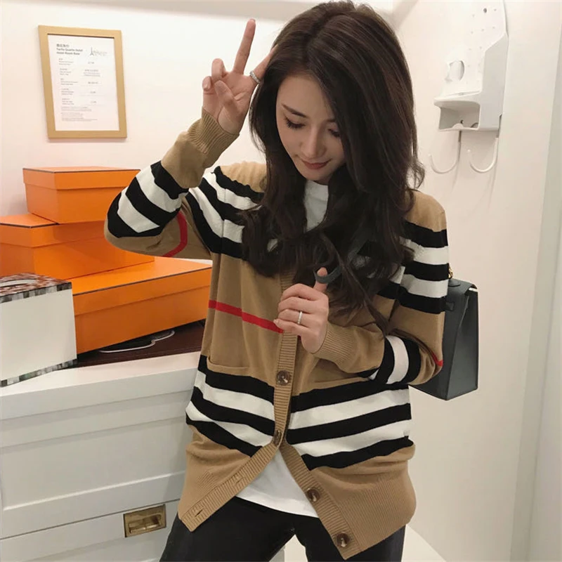 

2021 Autumn Spring New Khaki Cashmere Women's Knitted Long Sweater Striped Clothing Loose Casual Ladies Female Cardigans Jacket