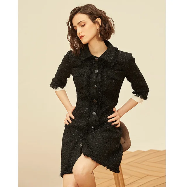 

Tweed Dress Women Cotton Wool Elegant Autumn Winter 2020 New Fashion Runway High Quality Casual Slim Ladies Mini Dresses Female