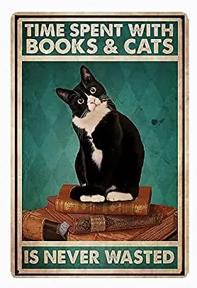 

sanstar Vintage Metal Sign Cat Poser Times Spend with Books & Cat is Never Wasted Quote Retro Farmhouse Metal Tin Sign for