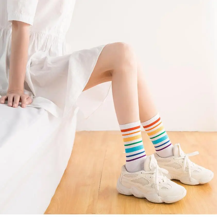 Women Solid Cotton Rainbow Prints Crew Socks Girls Simle Face Multi Color Sock Short Winter Socks Striped Ankle Socks 5pairs/lot