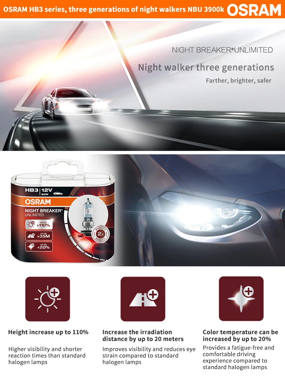 OSRAM Night Breaker H11 12 В 55 Вт автомобильная лампа для фар ближнего света, галогеновая лампа дальнего света [110% ярче цветовая температура 3900 K]