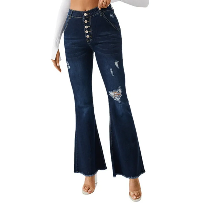 

Женские рваные джинсы с завышенной талией, повседневные расклешенные брюки на пуговицах, модель BJ3857 на весну и осень, 2021