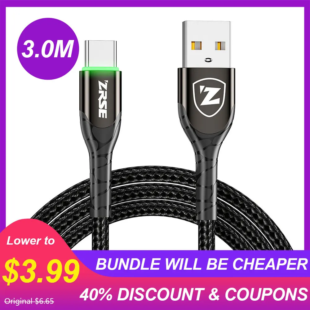 3M Black ZRSE светодиодный кабель usb type C 3M 2 м USB-C кабель передачи данных для быстрой зарядки телефона зарядное устройство Шнур для Xiaomi Redmi Note 8 7 huawei P30 Pro P20 - Цвет: 3M Black