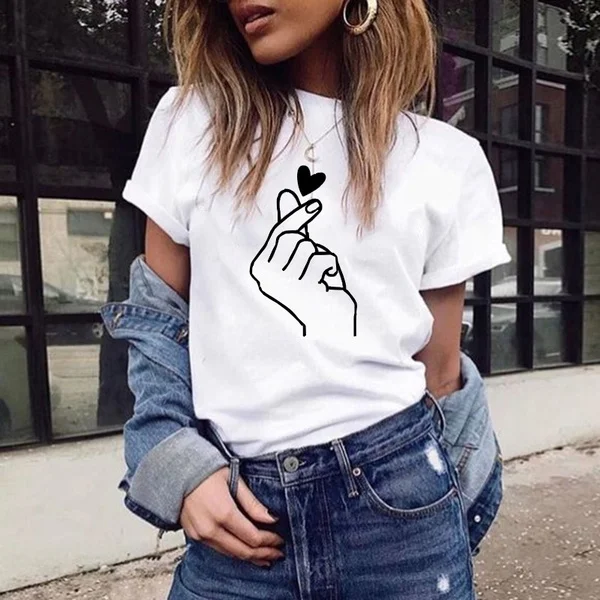 

Fashion Women Summer Casual T-shirt Love Gesture Printed Short Sleeve Tee Tops