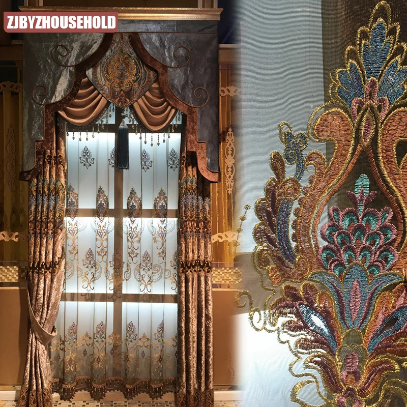 

European Royal Luxury Valance Curtains for Living Room Window Golden Curtain for Bedroom Tulle Jacquard Curtain