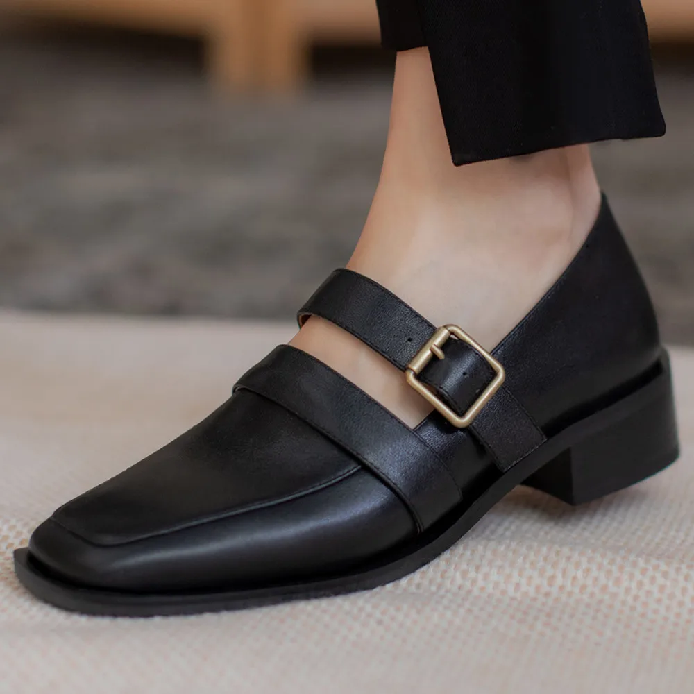 

Women's genuine leather slip-on loafers low heel comfortable moccasins square toe metal buckle casual espadrilles women shoes