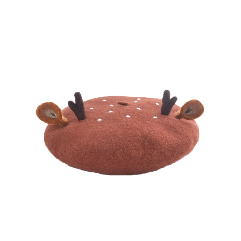 

Sweet Warm Wool Women Antler Ears Beret Winter Hat Christmas Gift Handmade Gifts Fashion High Quality Wholesale