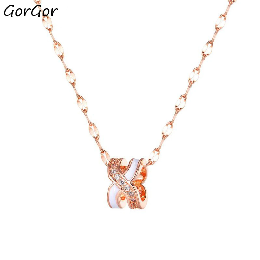 

GorGor Necklace Women Stainless Steel Letter X Mosaic Zirconia Hollow Out Pendant Rose Gold Plated Simplicity Jewelry TX-007