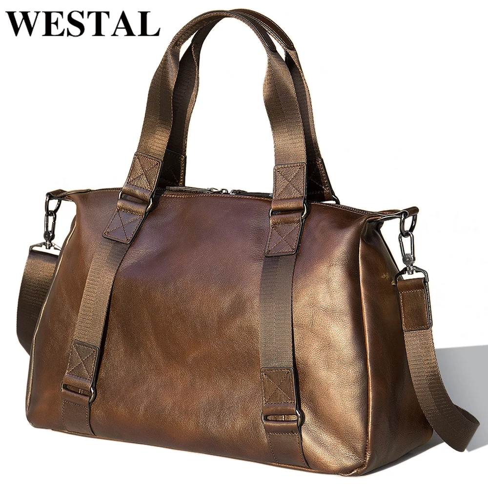 WESTAL Men's Travel Bag Genuine Leather Luggage Bag For Men Vintage Traveling Duffel Durable Cowhide Weekend Bags Man Large 1149