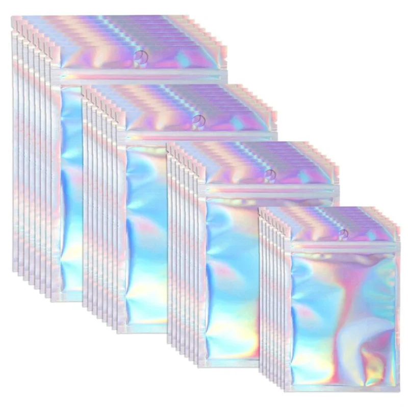 10Pcs 7.5x10/8.5x13/10x15mm Iridescent Holographic Plastic Opp Bag Pouch For Wrapping Favor Jewelry Packaging Business Wholesale - купить по