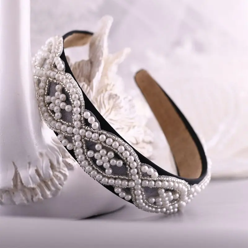 

2020 New Full Jewelry Bandana Women Wedding Wave Imitation Pearl Beaded Wide Headband