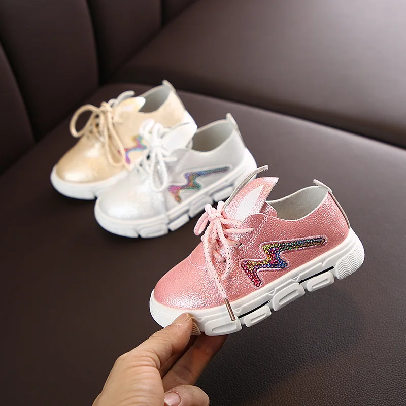 

2021 Fashion Sequines Stripe Girls Sneaker Breathable Princess Rabbit Kids Shoes Slip On Lace up Children Sneaker Leather D03061