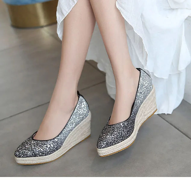 EAGSITY/обувь на танкетке с блестками Женские эспадрильи высоком каблуке Туфли