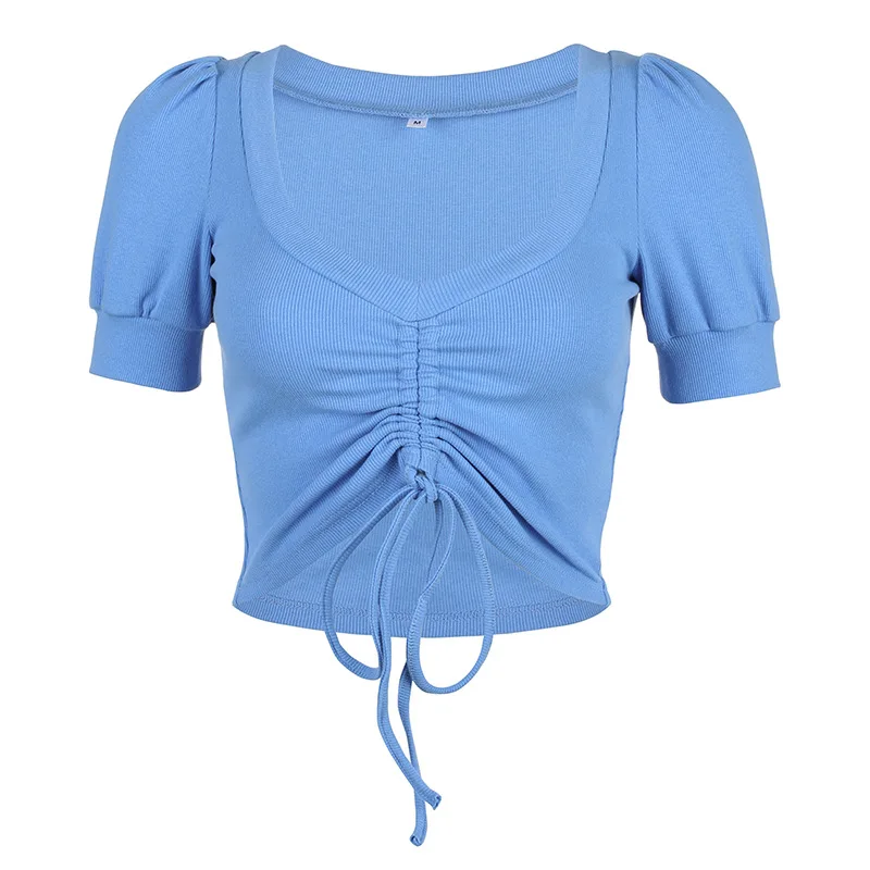 

2020 Summer Lady High Quality stretch Knitted Solid Vintage Short T-Shirt Women Casual JS0227
