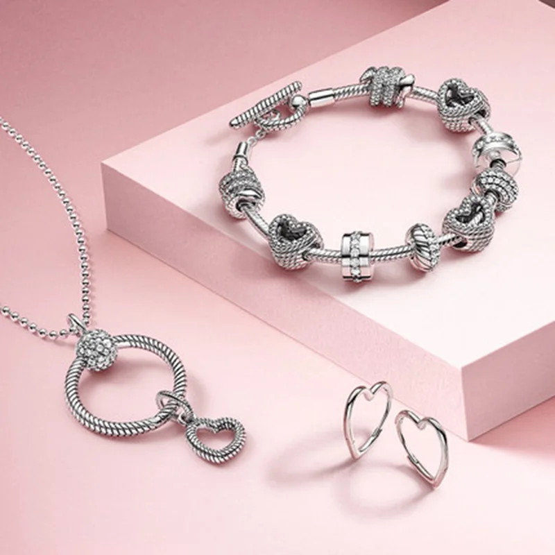 

Sterling Silver Beads Crystal Snake Chain Pattern Openwork Heart Charm Fit Original pan Bracelet For Women DIY Jewelry