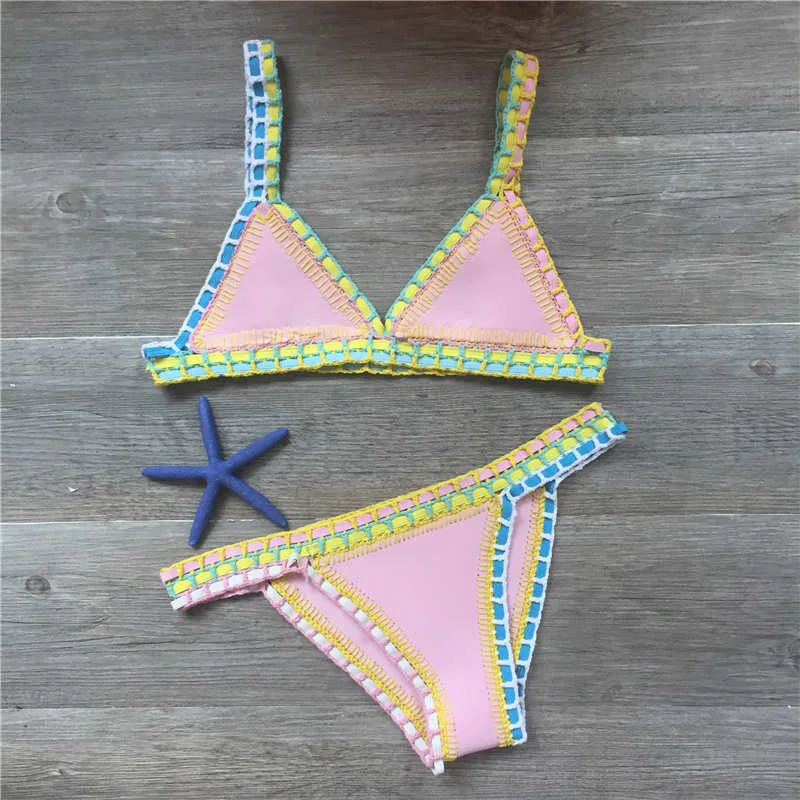

Sexy Bikinis Women Hand Crocheted Swimsuit Bikini Two-Piece set Swimwear Female Monokini Halter Maillot Biquini Bathing Suits