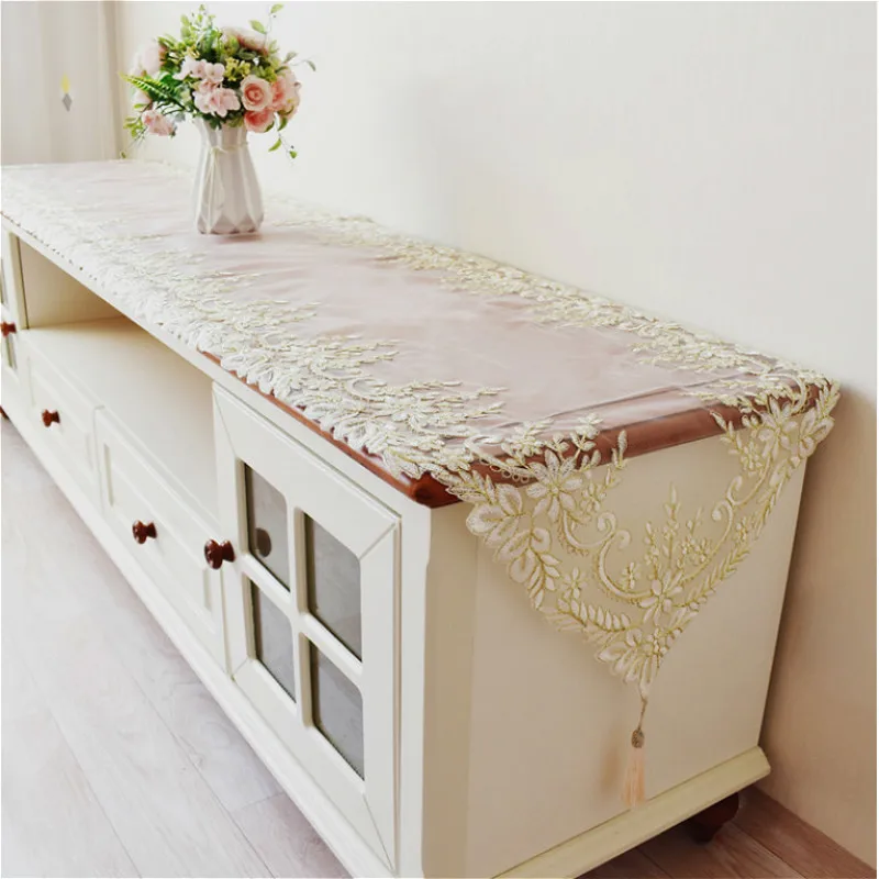 Fine European Lace Embroidered Pendant Sharp Corner Table Runner TV Cabinet Piano Cover Cloth Hotel Villa Kitchen Decoration