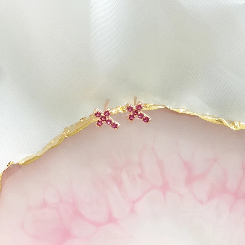 

Cherry red S925 sterling silver small cross earring zircon earrings wholesale4
