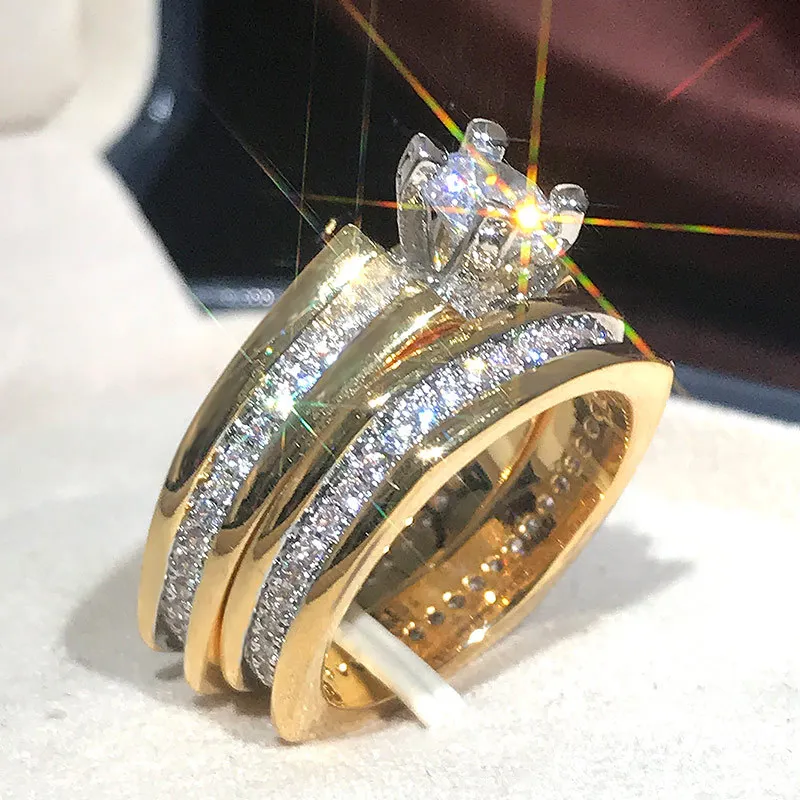 

Huitan Luxury Gold Color 2Pcs Set Rings for Women Wedding Engagement Band Jewelry Shiny Crystal Cubic Zirconia Statement Rings