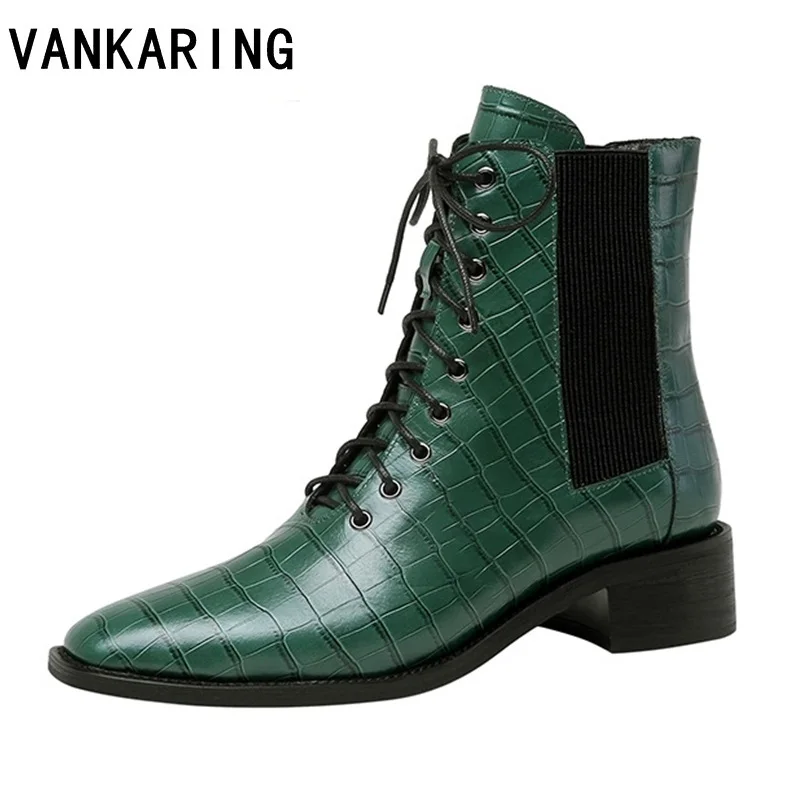 

Ботильоны из натуральной кожи VANKARING, брендовые осенне-зимние ботинки на шнуровке, женские привлекательные теплые мотоциклетные ботинки с о...