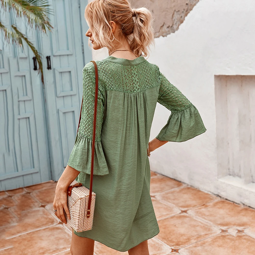 

Hollow Out Patchwork Lace Dress Women 2021 Spring Summer Three Quarter Sleeve V Neck Ladies Casual Loose Solid Color Dresses