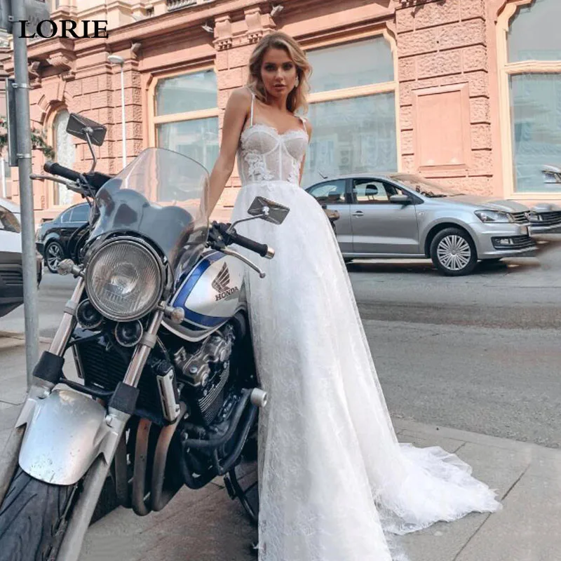 

LORIE Lace Wedding Dresses Spaghetti Straps Sweeyheart Neck Appliques Bride Gowns 2021 Abito Da Sposa Wedding Gowns Custom Made