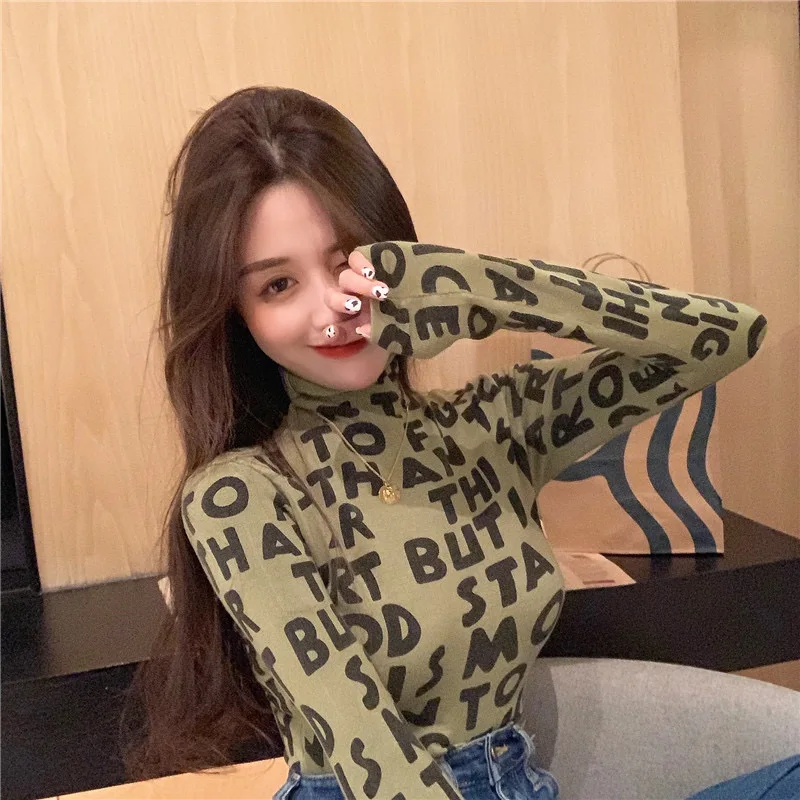 

Europe Spring And Autumn Turtleneck Long-sleeved Sweater Slim Stretch Letters Printed Tops Fashion Street T-shirt Female 33K1