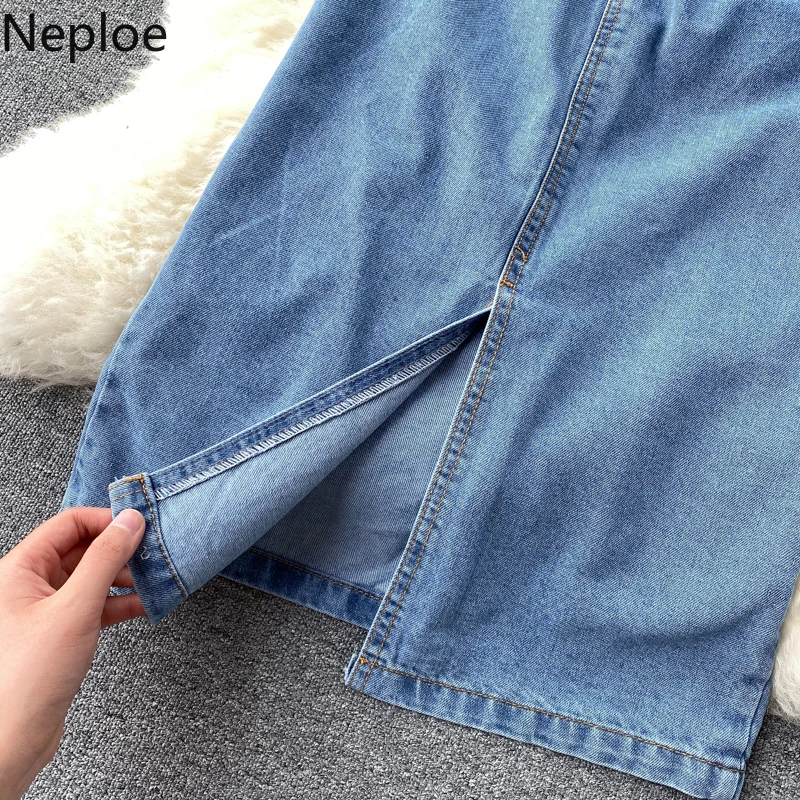 

Neploe Ins Women's Vintage Dress Square Neck Single Breasted High Waist Denim Dresses Female Summer Short Sleeve Split Vestidos