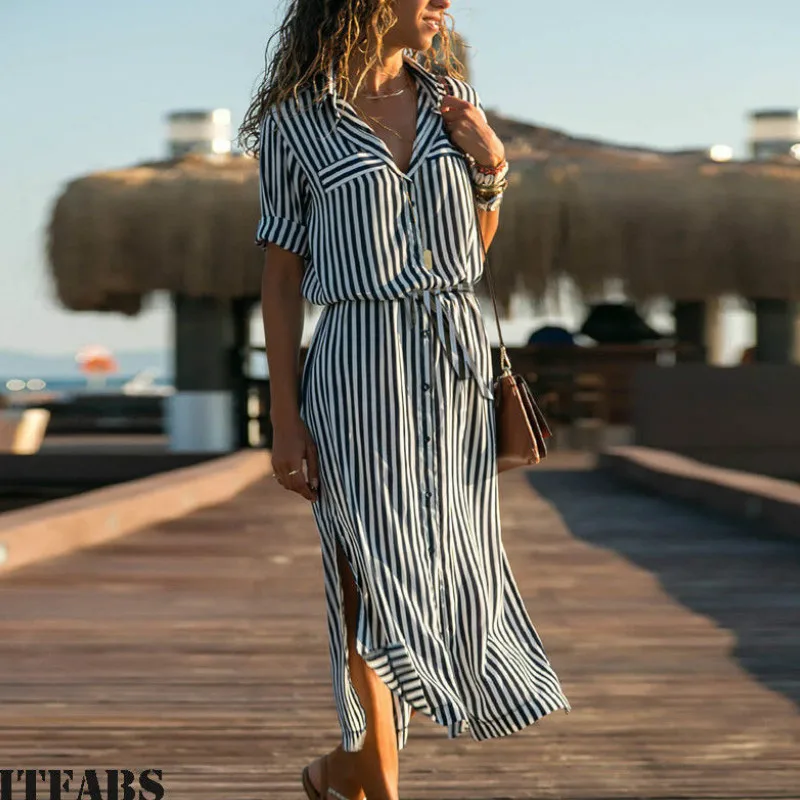 Женское длинное платье-рубашка в полоску повседневное свободное летнее пляжное