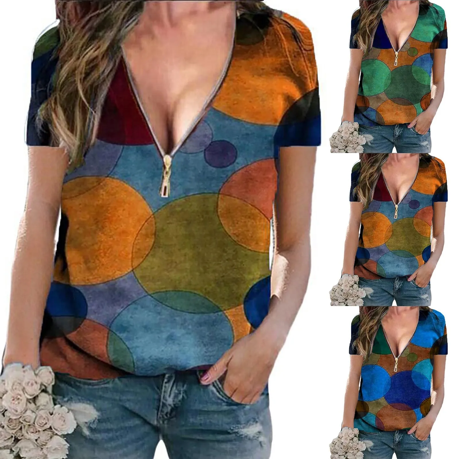 

Fashion Women's Printing Blouse Shirts Sexy Dot Loose Short Sleeve Zipper Tops Summer Plus Size Pullover T-shirt Mujer Camisetas