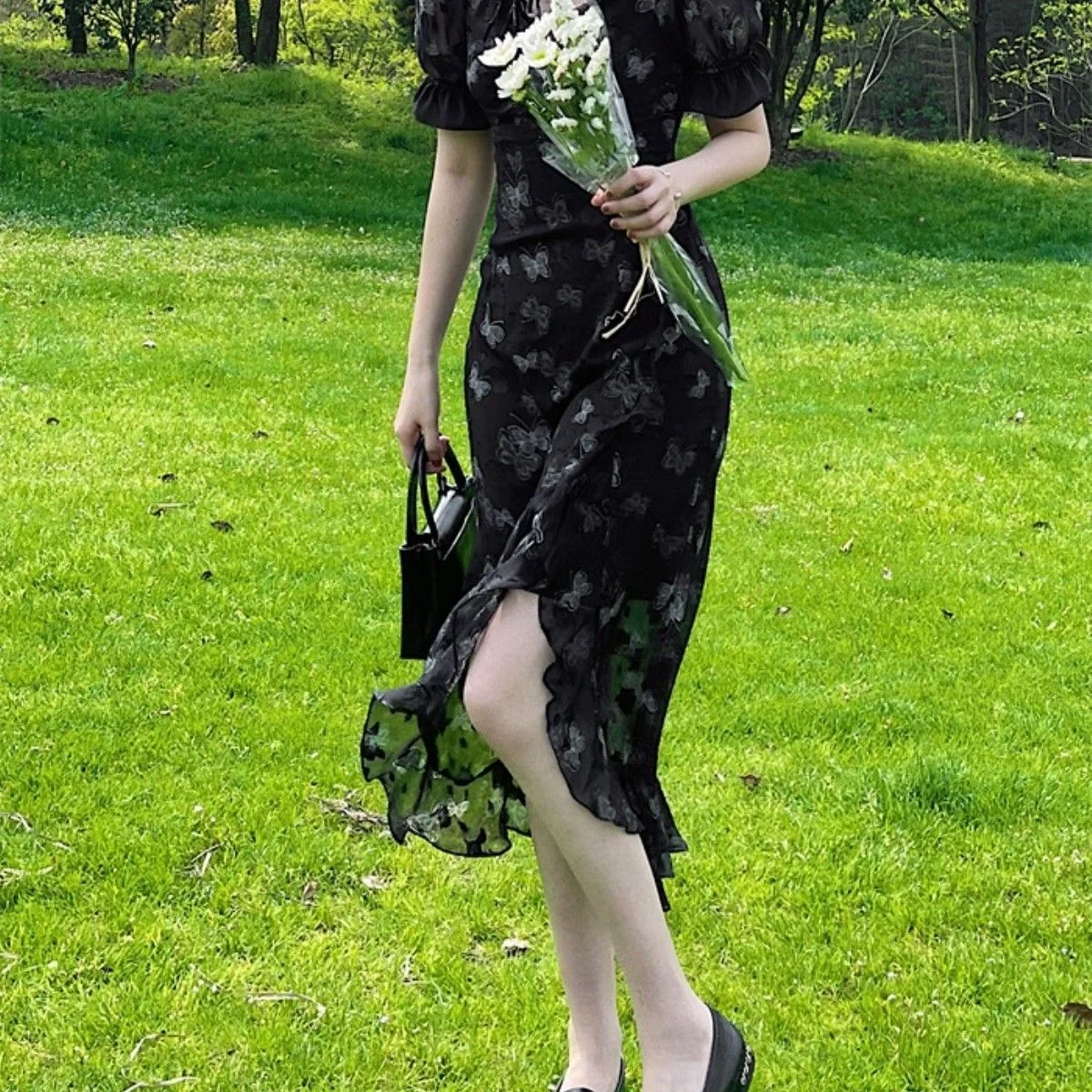 

2021 Summer French Split Long Dress Women Korean Style Slim Floral Print Party Dresses Female Elegant Designer Ruffle Dress Y2k