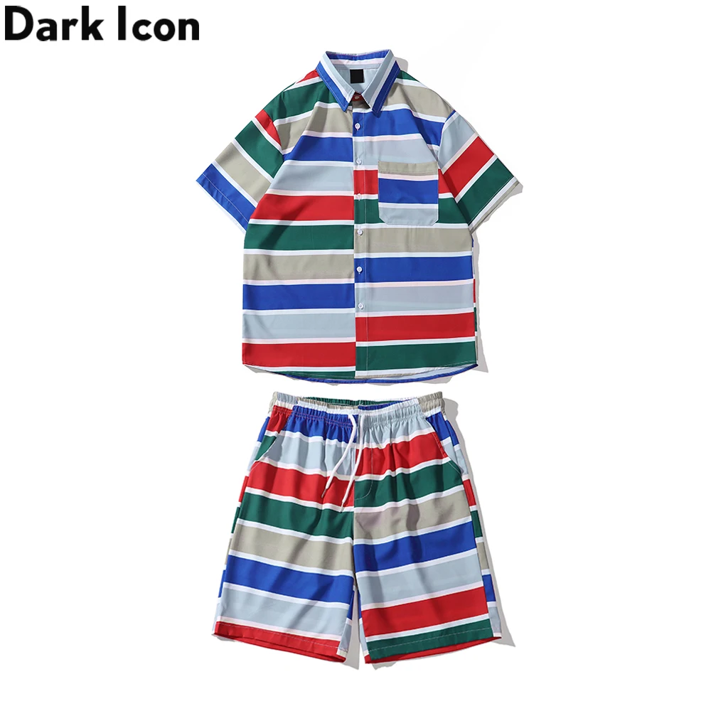 

Dark Icon Stripe Front Pocket Men's Set 2021 Summer Turn-down Collar Hawaiian Shirts and Holiday Beach Shorts