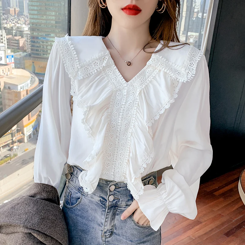 Женская шифоновая рубашка с оборками элегантная однотонная офисная блузка