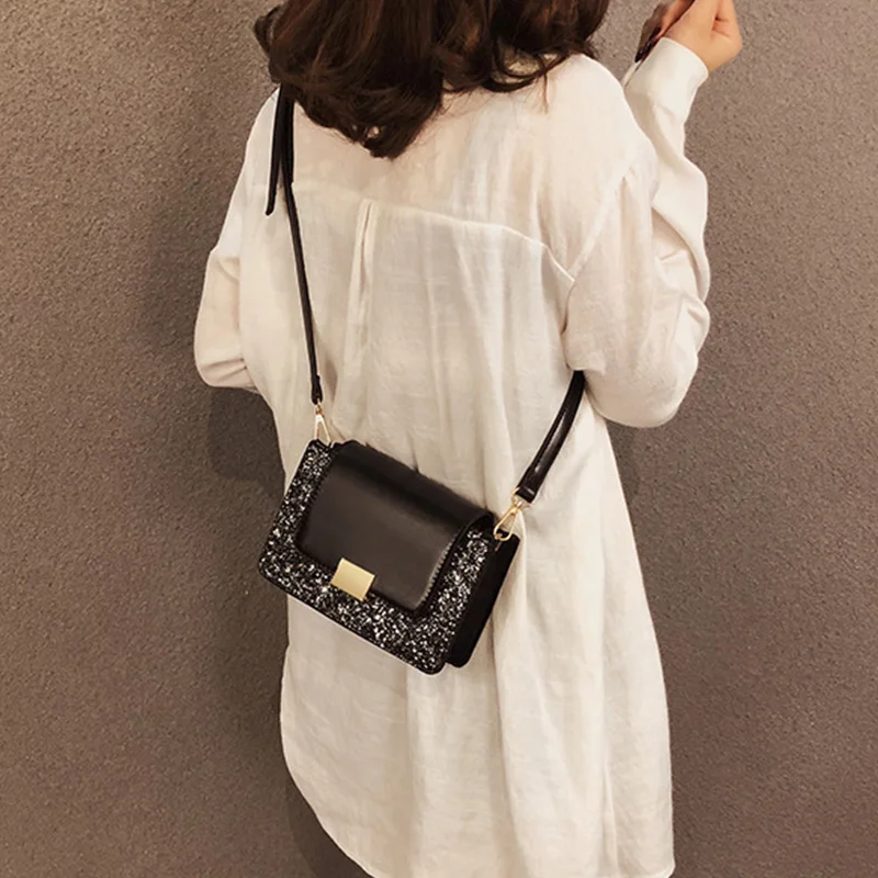 New Fashion Sequins Leather Lock Small Square Bag Wild Shoulder Messenger | Багаж и сумки