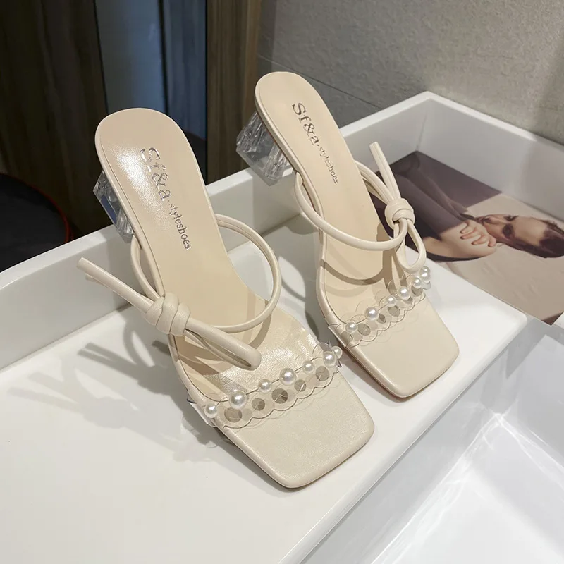

Slippers Women Summer Butterfly-Knot Slides Square heel Female Shoes String Bead Transparent Heel Fashion Low Block 2021 Luxury