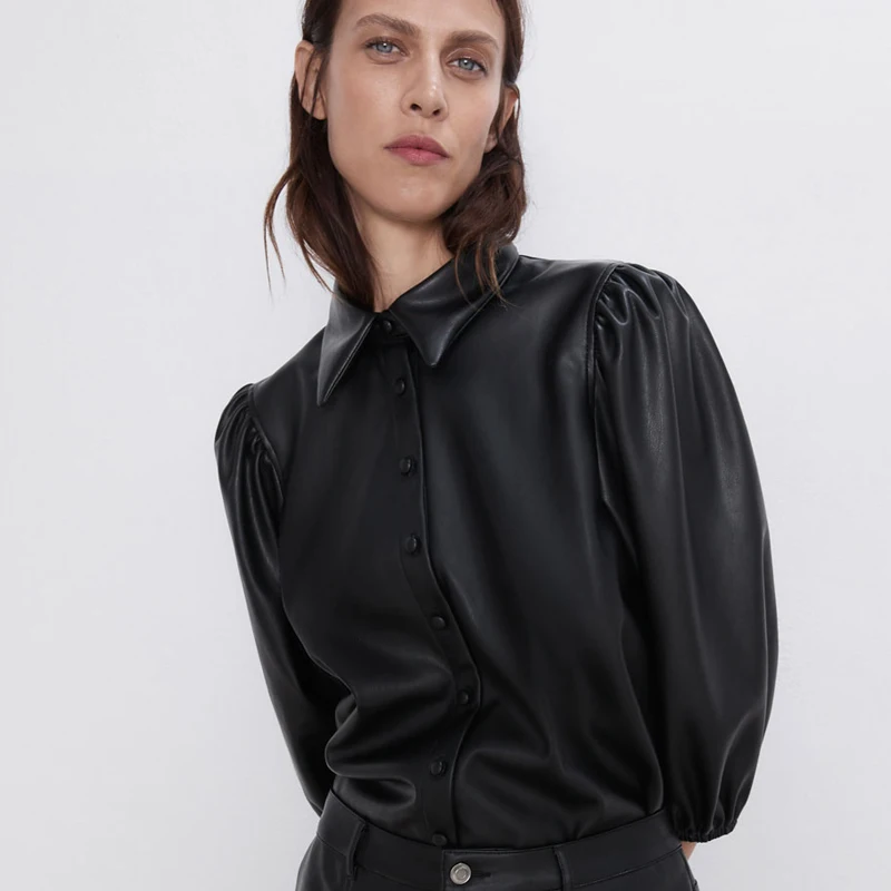 

puff Sleeve Blouses Women Fashion Faux Leather Turn Down Collar Shirts Women Elegant Buttons Tops Ladies Leather shirts