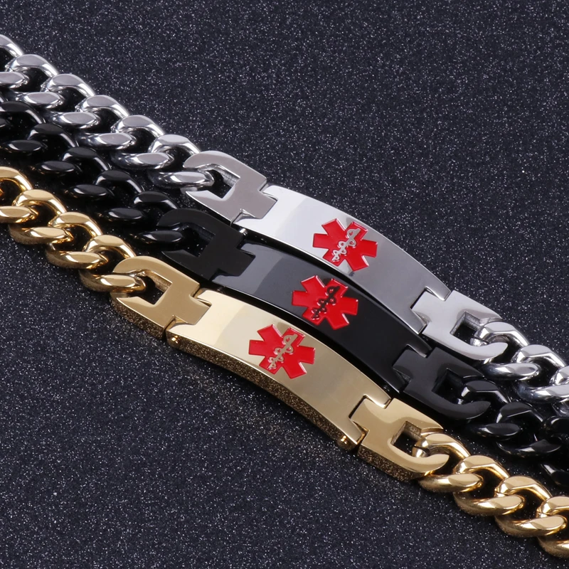 

11MM Width Custom Medical Alert ID Link 200mm Chain Bracelet Jewelry Free Engraved Infomation Quality Men Bangle