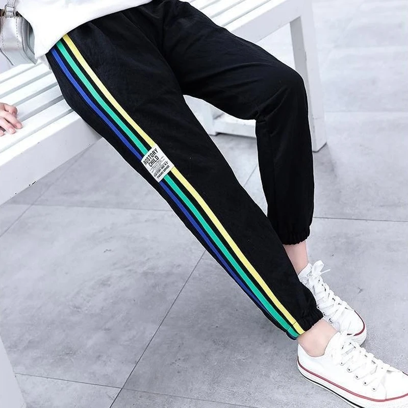 Брюки для девочек повседневные модные спортивные штаны брюки с полосками сбоку