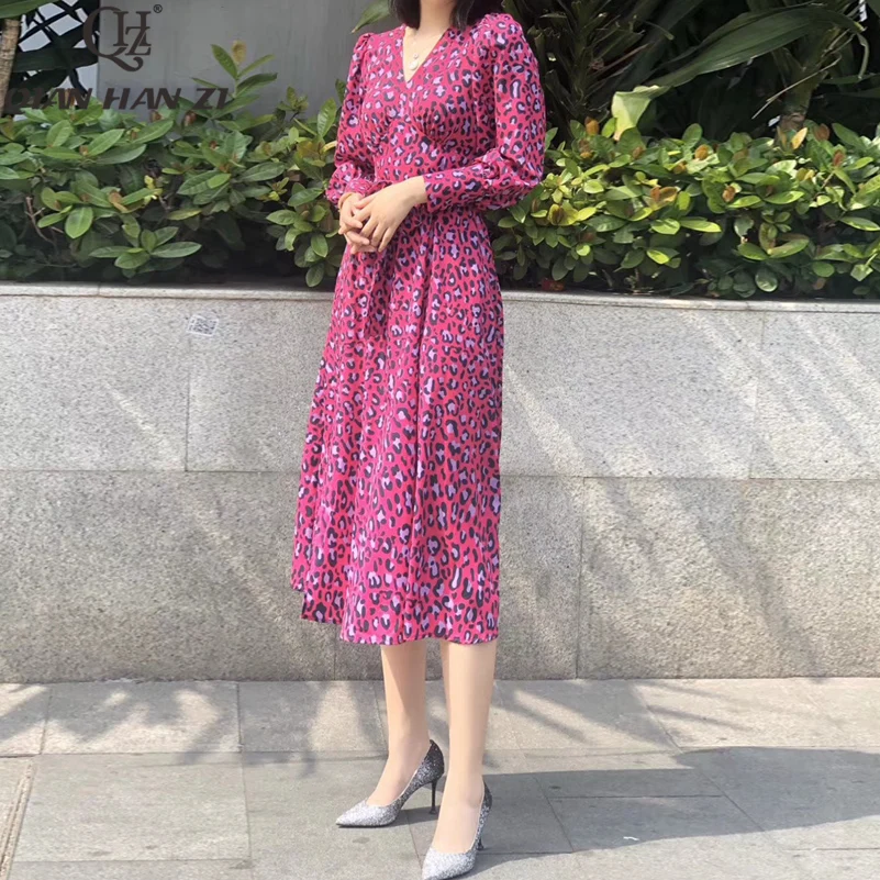 

Qian Han Zi 2020 designer Runway dress Women's long sleeves V-neck belt casual leopard print vintage sexy midi dress