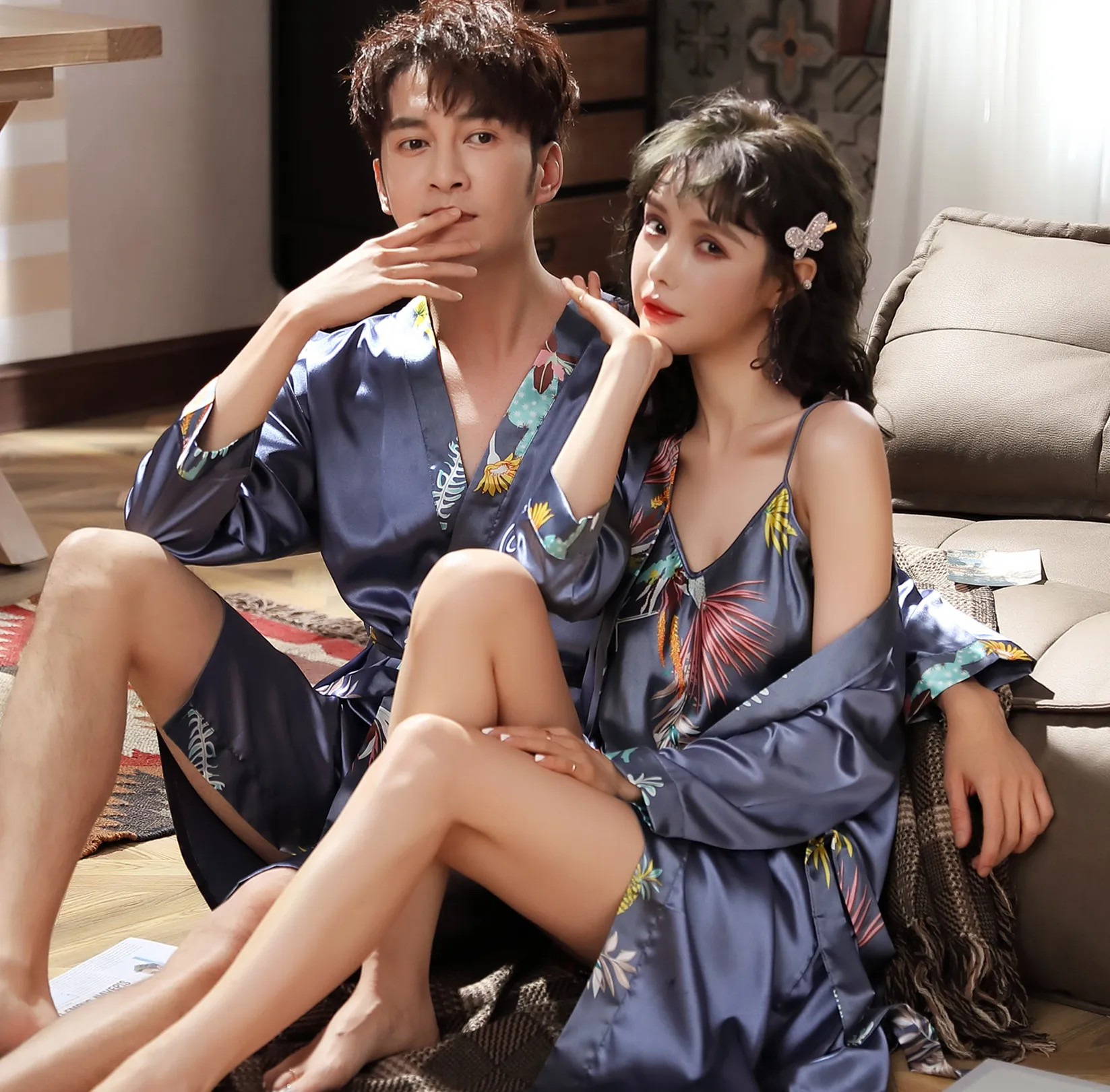 Silky Kimono Robe Bath Gown Japanese Male Long Sleepwear Animal Print Pajama Casual Rayon Robes Men Full Sleeve Nightwear Couple