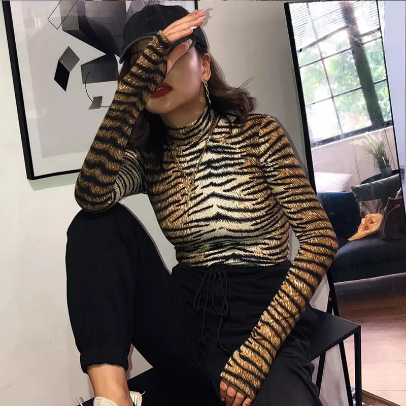 Женское боди с длинным рукавом и высоким воротником принтом тигра | Женская