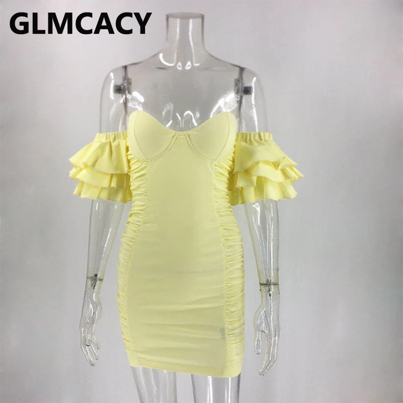 

Women Off Shoulder Ruffle Sleeve Pleated Bodycon Mini Dress Solid Slim Fit Party Dresses