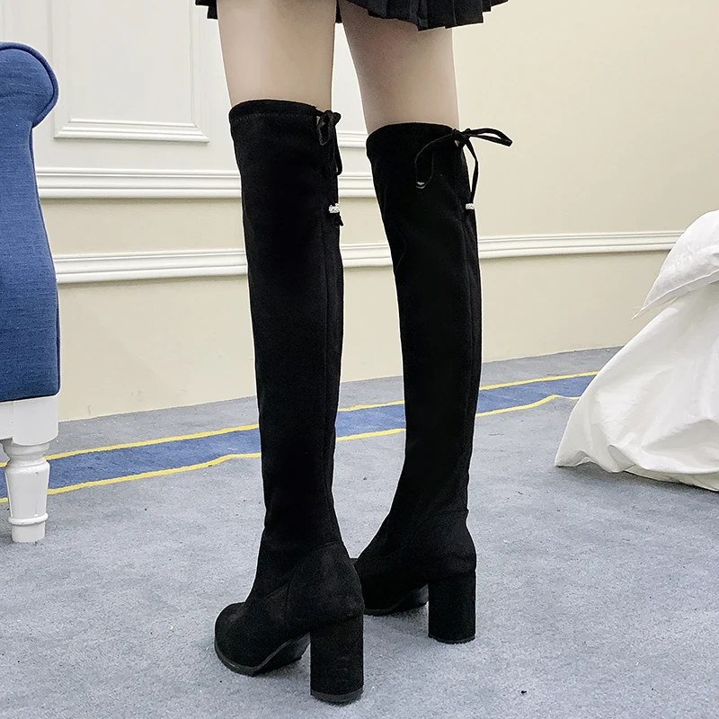 Пикантные Сапоги выше колена на высоком каблуке женские кожаные сапоги из флока