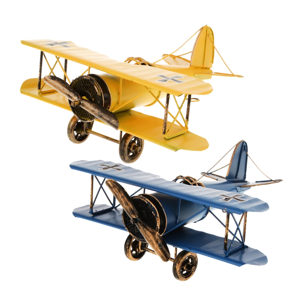 

2 Vintage Metal Airplane Model Toy Biplane Military Aircraft for Home Decor