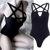 new trendy halter sexy summer women stretch slim solid romper hip hop star cross gothic hollow out hole stretch bodysuit